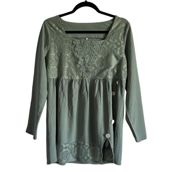 Womens Green Lace Button Detail Long Sleeve Top M Feminine Girly Boho - Picture 4 of 7